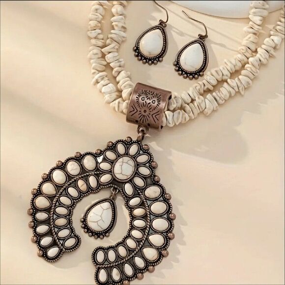 Jewelry - White Turquoise Earrings Necklace Boho Jewelry Set Silver Plated Inlaid NWT